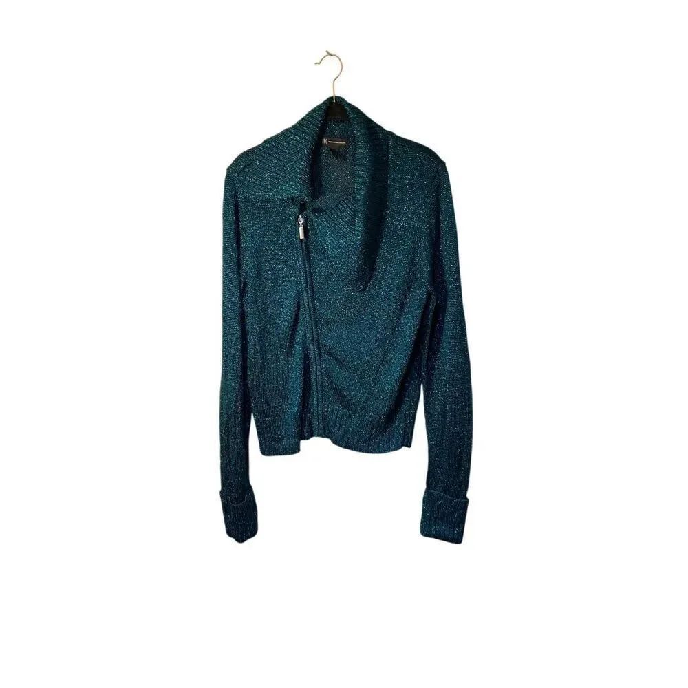 INC women’s asymmetrical green metallic zip up long sleeve cardigan S/XL